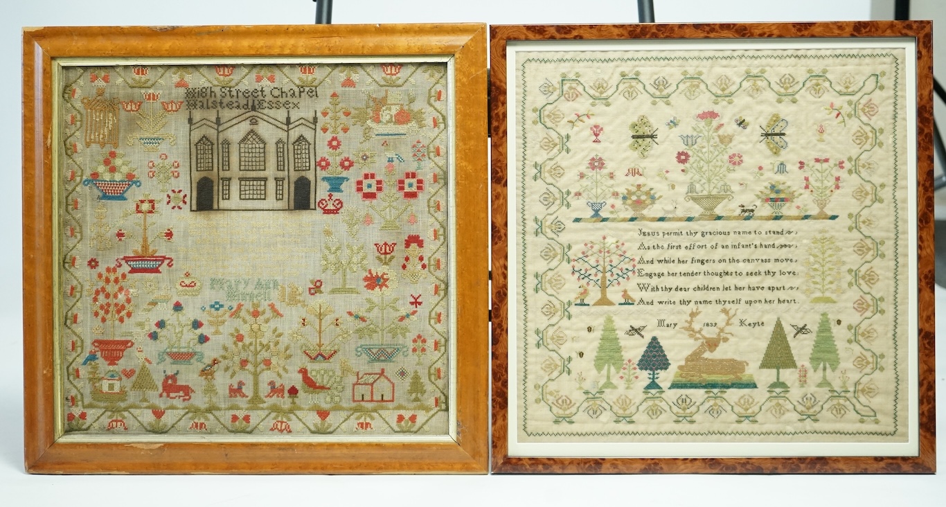 Two Victorian samplers. One ornately worked by Mary Keyte dated 1839 with butterflies, deer, dogs, birds, trees and flowers, the other by Mary A Winnell, (undated), worked with a large motif of High Street Chapel Halstea